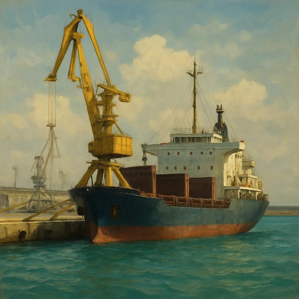фотография современного торгового порта на берегу моря. На переднем плане — большой грузовой корабль у причала, рядом высокий портовый кран жёлтого цвета. Вода бирюзовая, слегка волнистая, на фоне виден бетонный волнорез и небо с мягкими облаками. Композиция сбалансирована: корабль справа, кран слева. Освещение дневное, естественное, с мягкими тенями. Атмосфера индустриальная, но спокойная, без людей. В СТИЛЕ РЕАЛИСТИЧНОЙ ЖИВОПИСИ на однородном фоне emoji