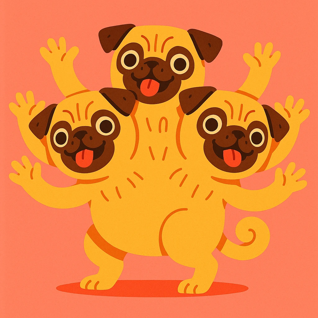 playful and imaginative three-headed pug, each head with three arms emerging, and a small divot in each ear emoji