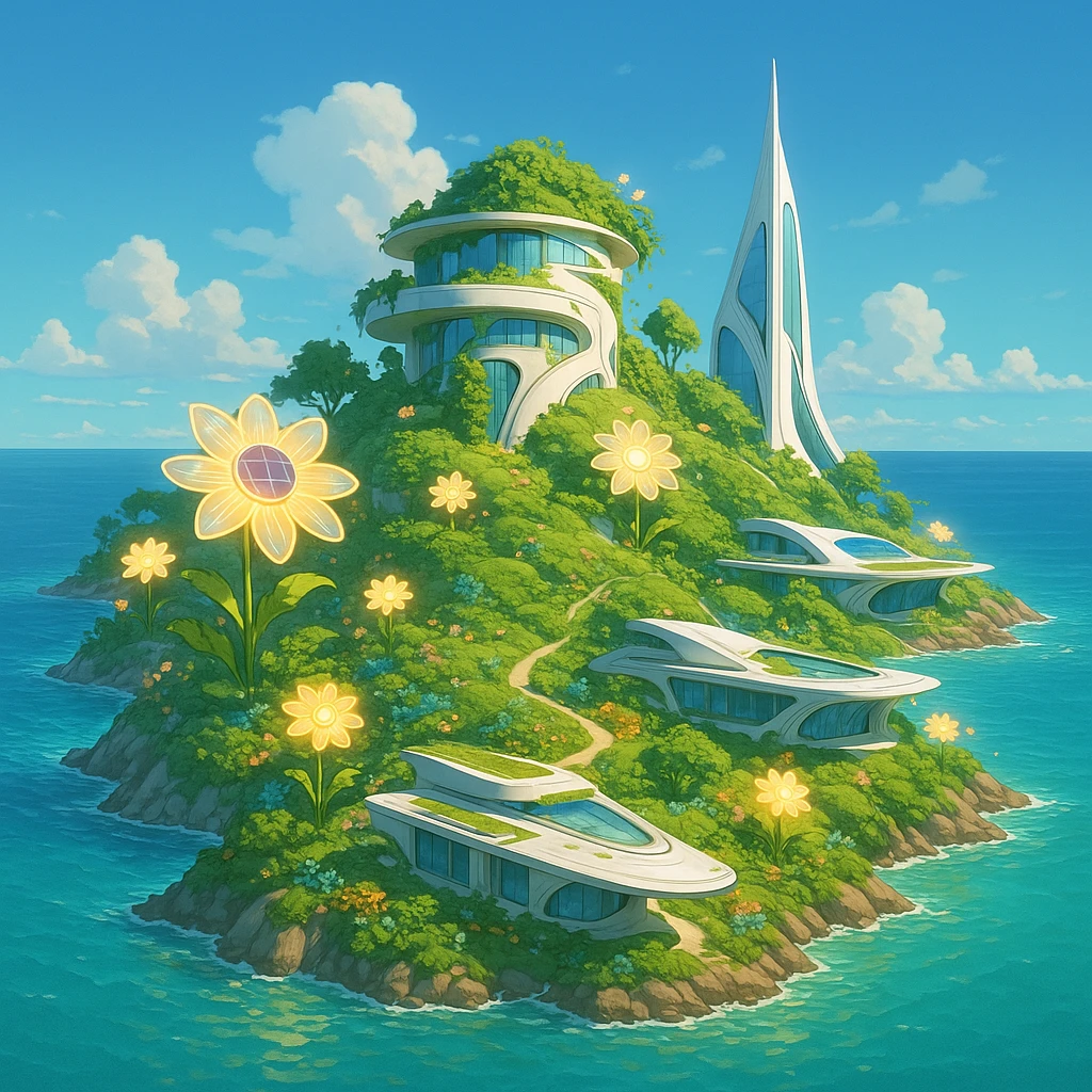 remote island in a solarpunk future, covered in plants, glowing solar flowers, sleek sustainable structures, surrounded by blue ocean, utopian feel emoji