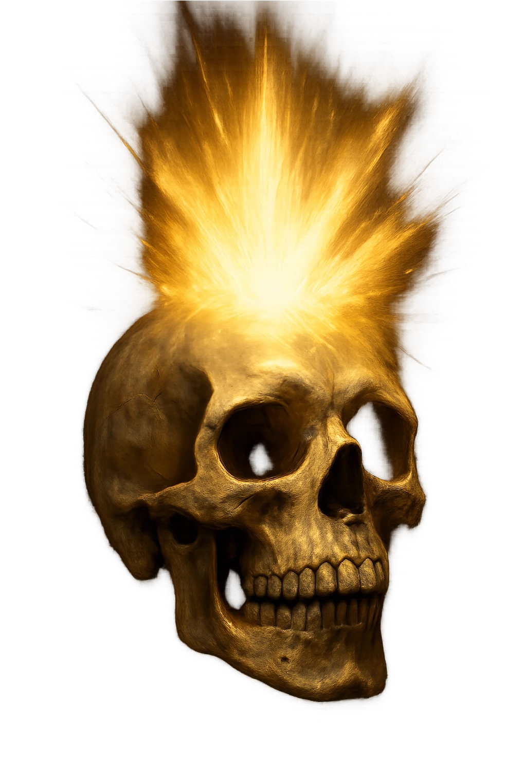 a realistic skull with a burst of energy or light coming from the top, intense, no background emoji