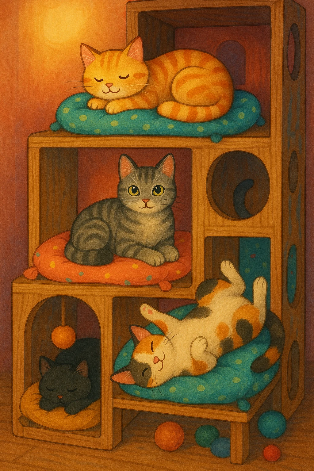 cats relaxing in a vertical playhouse emoji