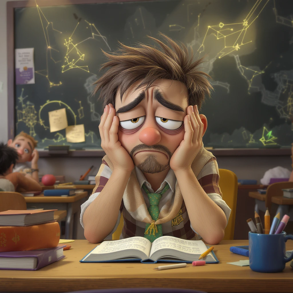 digital 2d cartoon art of a exhausted teacher in a bustling classroom emoji