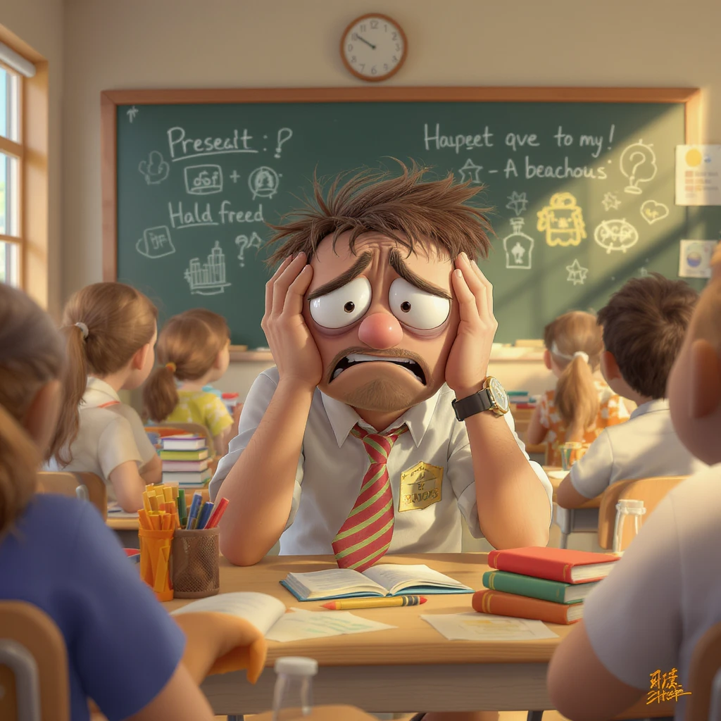 digital 2d cartoon art of a exhausted teacher in a bustling classroom emoji