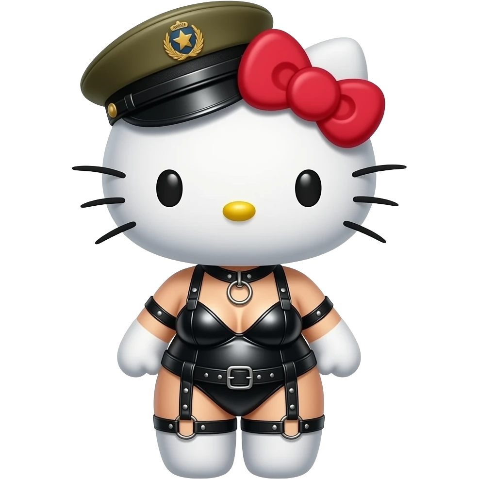hello kitty representada de cuerpo entero como Dominatrix BDSM fetichista vestida de latex ajustado y O-ring harness, gorra militar de cuero con tachuelas, emoji