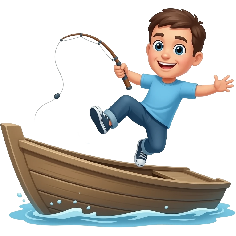 a guy falling off a boat with a fishing rod emoji