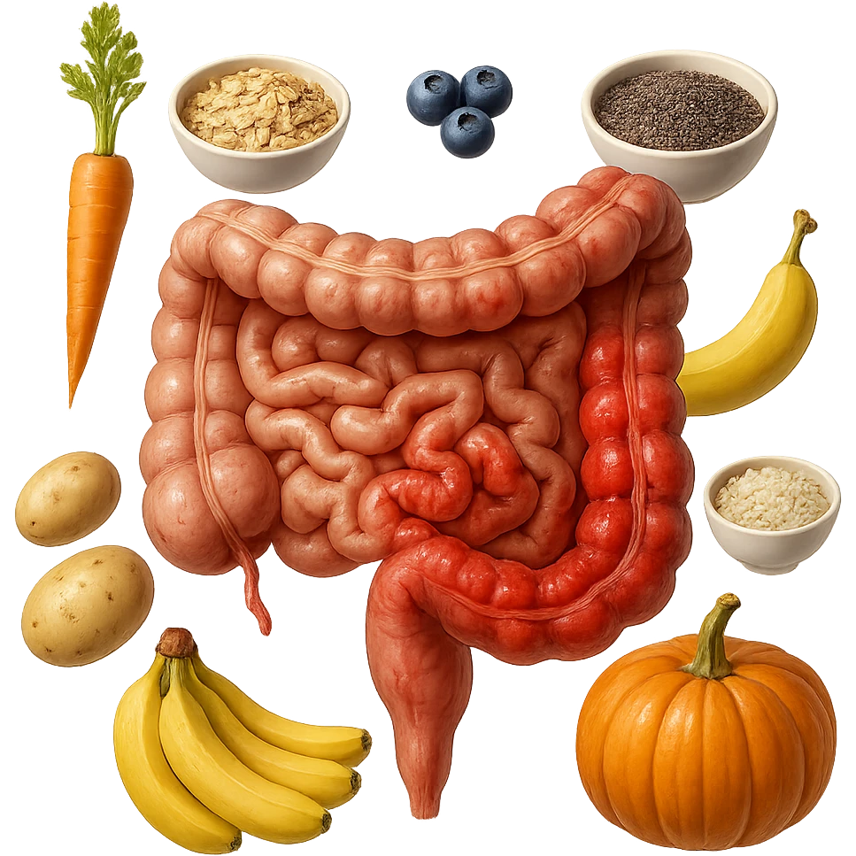 intestino umano anatomico infiammato con carota, bowl di avena, mirtilli, bowl di semi di chia, patate, banane, zucca, bowl di riso che gli fluttuano dietro, iperrealistico 4k emoji