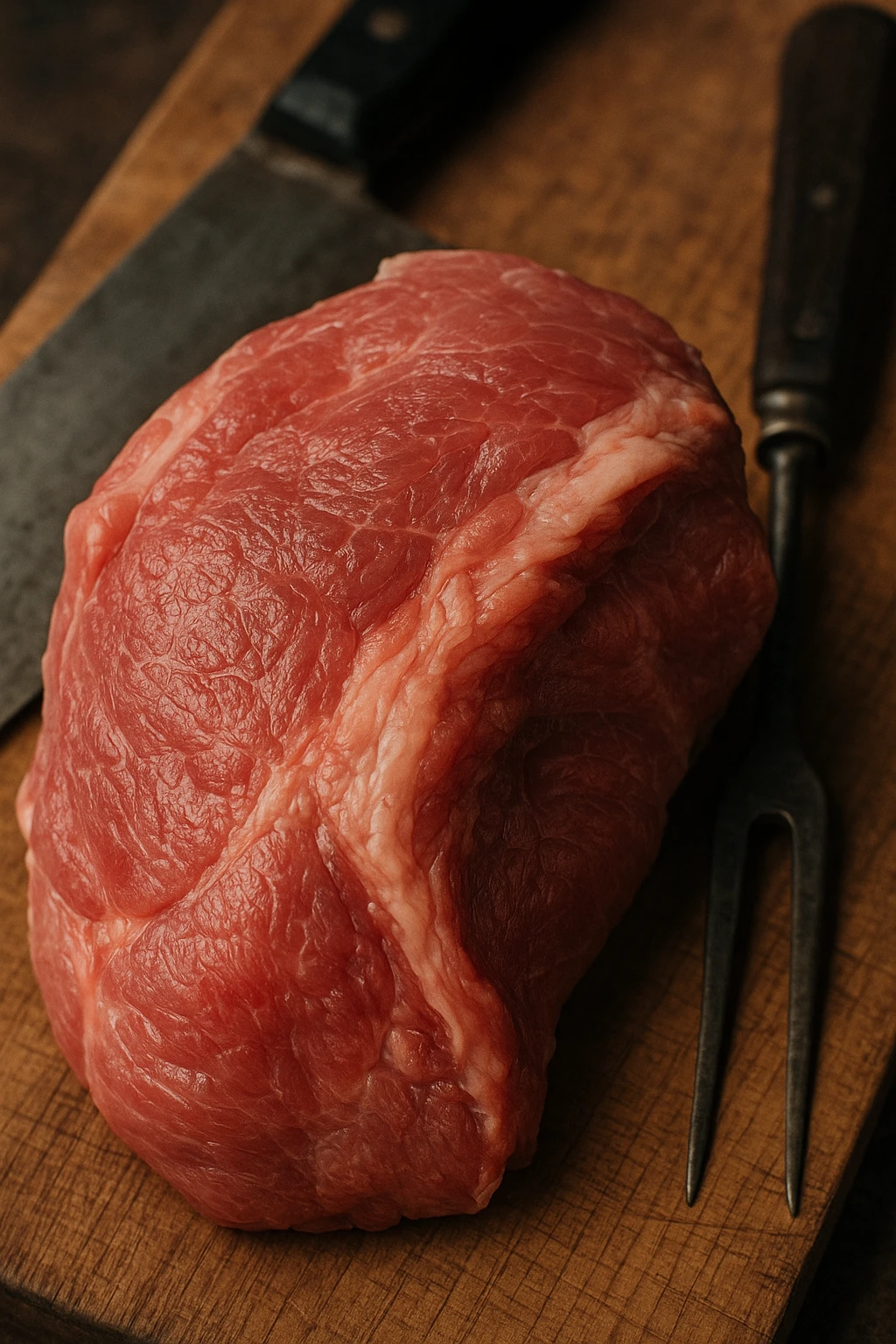 Macro fotografia di carne di maiale cruda, con dettagli che ricordano la consistenza e il colore della carne umana, posata su un tagliere di legno accanto a strumenti da cucina. Atmosfera realistica e leggermente inquietante. emoji