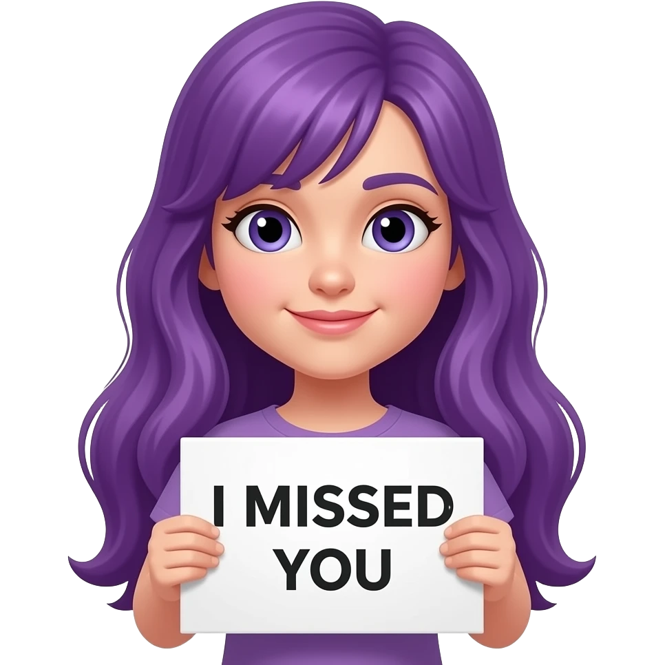 girl with long purple hair holding a I MISSED YOU sign emoji