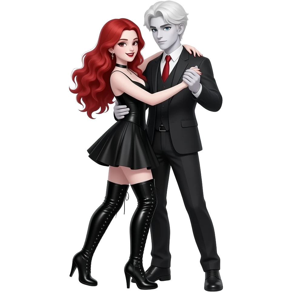 Vampiro femmina ADOLESCENTE con pelle bianca e capelli rosso ondulati lunghi che indossa un vestito corto nero e degli stivali lunghi neri con tacco e balla  con il suo fidanzato FIDANZATO con la pelle bianca che la tiene su con le braccia emoji