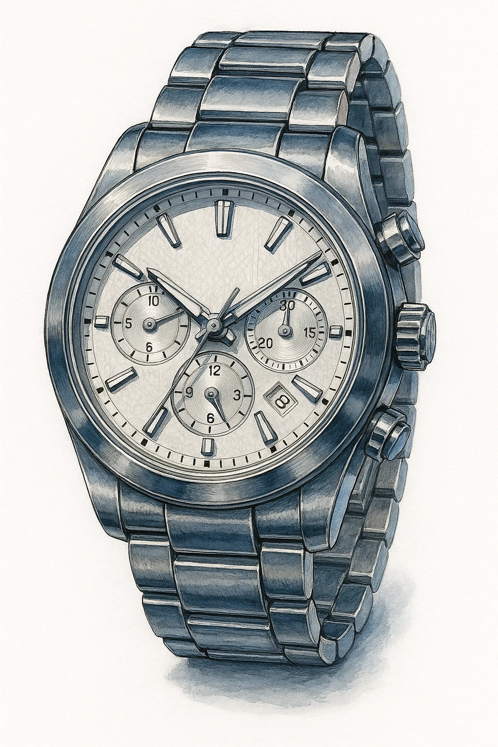 Сгенерируй мне часы металические, дорогие, в чуть рисованном стиле. На чисто белом фоне. БЕЗ НАДПИСЕЙ. Но при этом объмная и яркая emoji