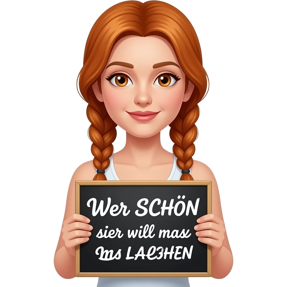 sexy girl with long ginger braids and ginger eyes wearing a white tanktop is holding a black sign with Wer SCHÖN sein will muss LACHEN written on it emoji