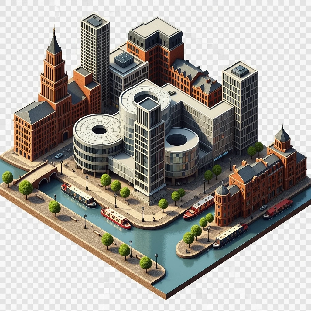 Isometric illustration of Birmingham, featuring the Library of Birmingham with its modern architecture and nearby canals, highly detailed in semi-realistic style, balanced between stylized and realistic, 3D miniature effect, transparent background. emoji