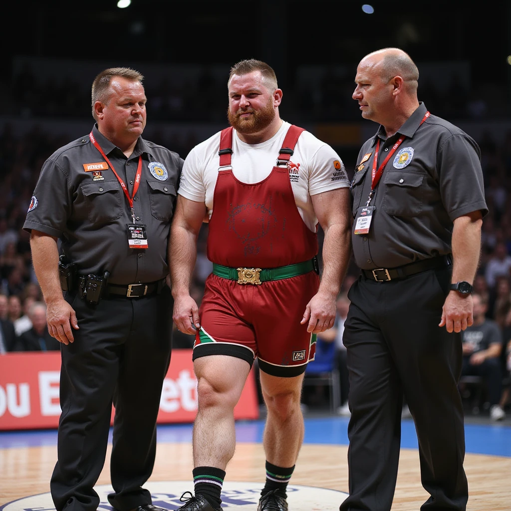 European powerlifter in competition, helped to walk by two officials after injury, expression of pain and disappointment, competition clothing, solidarity atmosphere, realistic details, competition area background. emoji