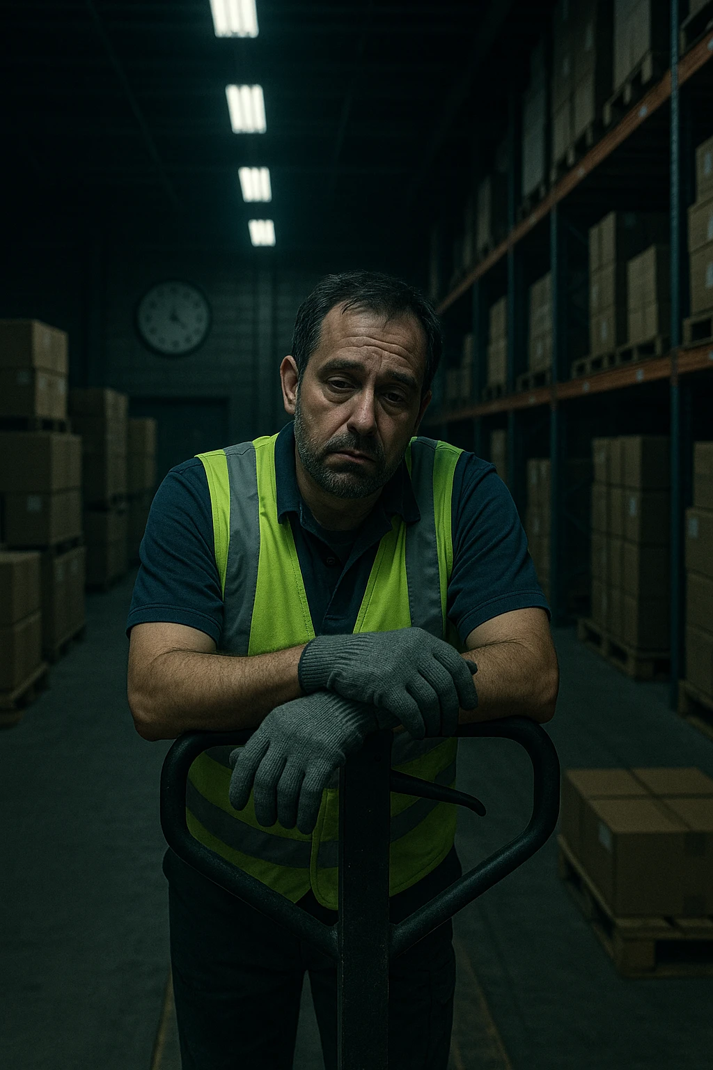 a tired warehouse worker in his 40s, wearing a reflective vest and work gloves, stands under harsh fluorescent lights in a large, dimly lit warehouse. He leans on a pallet jack, eyes heavy with fatigue and dark circles under them. Stacks of boxes and shelves loom in the background, and a wall clock shows it’s the middle of the night. The mood is somber and empathetic. emoji