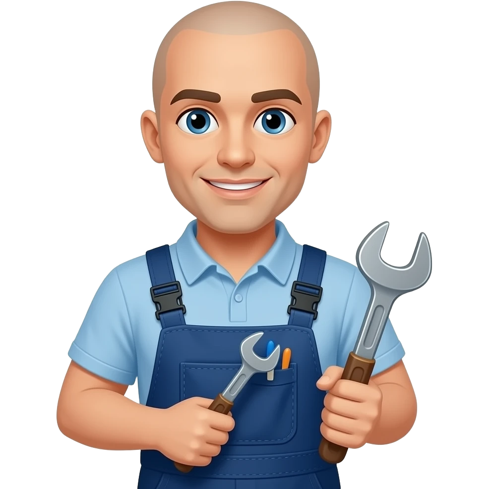 bald, facilities staff holding tools emoji