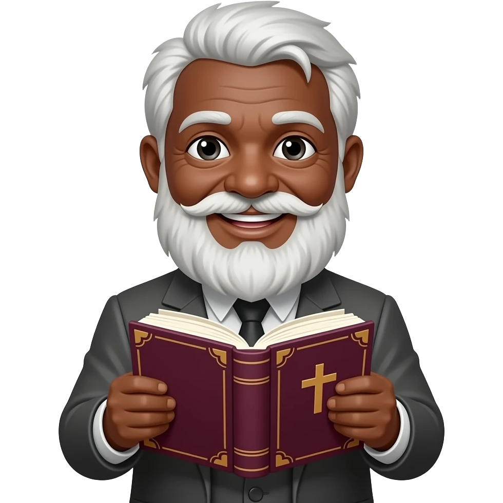 wise old man with greying white hair white beard black skin smile with burgundy book that has a cross on it emoji