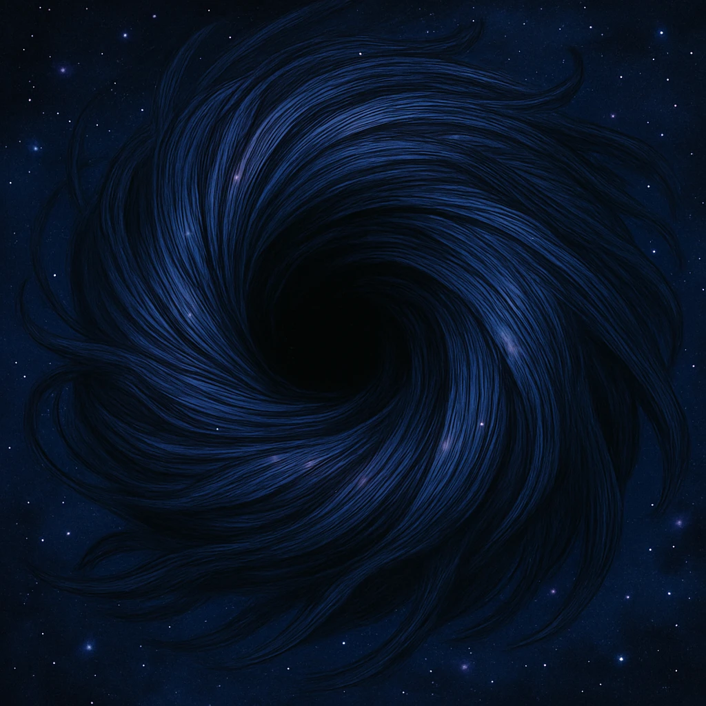 a black hole made of swirling hair, cosmic and mysterious, with strands forming a spiral, ghibli style, cosmic and mysterious emoji