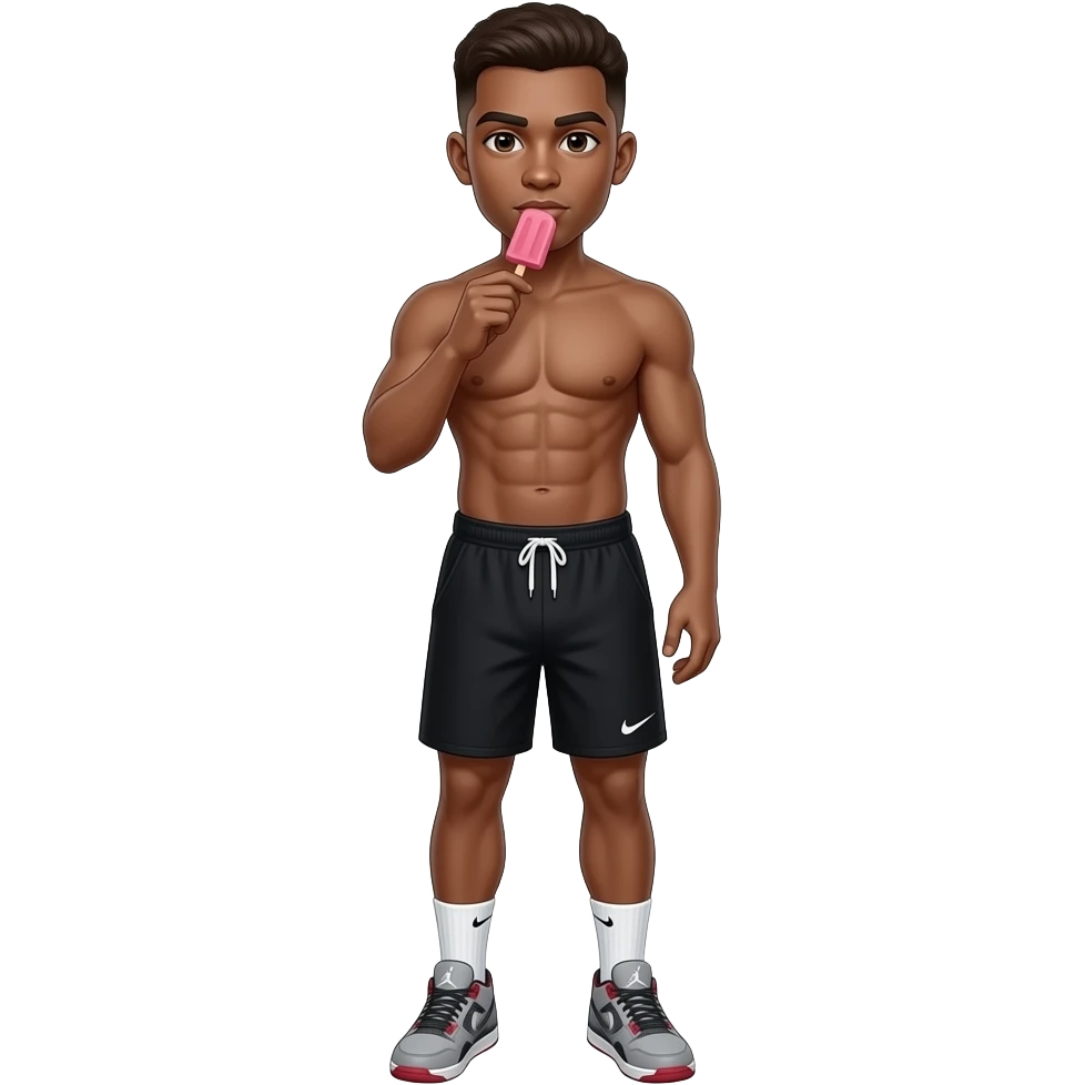 make a black 20 year old man in a brown low taper fade with no shirt bunch of abs in nike tech shorts black with grey jordan 4’s and white ankle nike socks eating a pink popsicle emoji