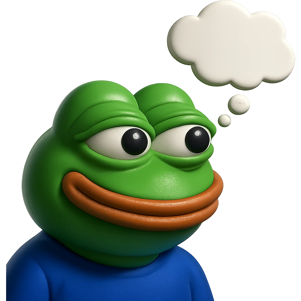 make a pepe in bright green smiling with thought bubble looking at right side in 3d style, good highlights and shadows, drop shadows emoji