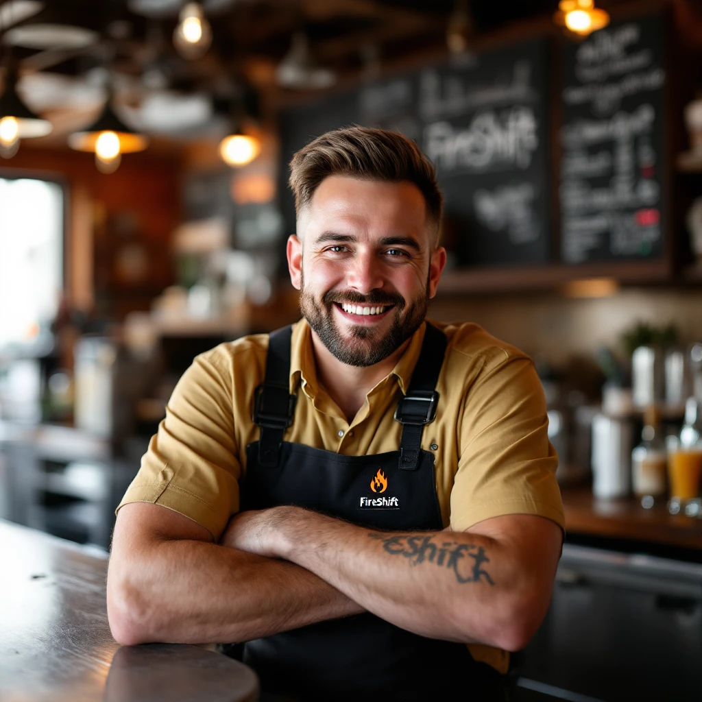 photo d'une barman souriante, tunique "FireShift", professionnelle emoji
