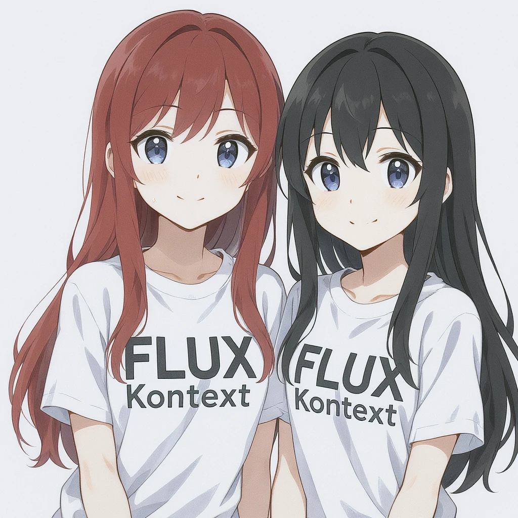 make a image of a girl with a anime version of that girl beside her wearing tshirt with text of FLUX Kontext emoji