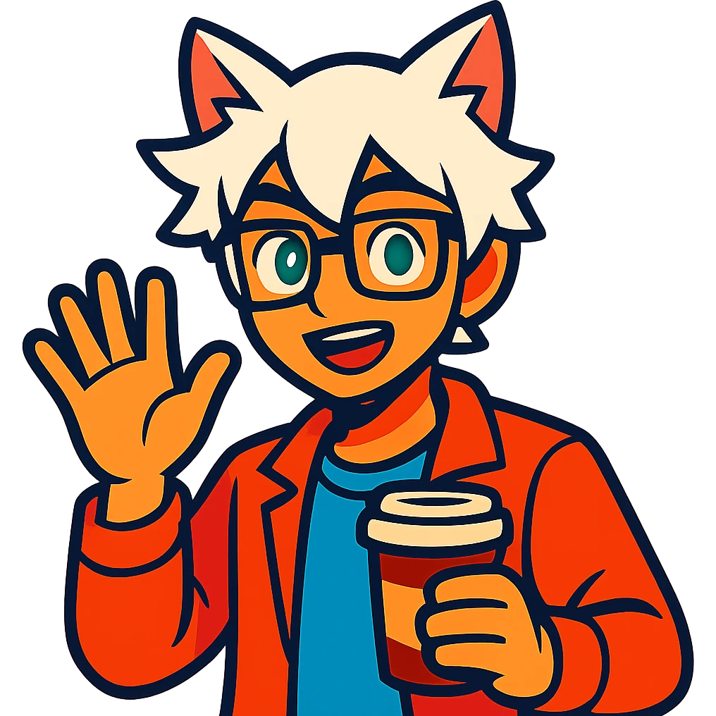An anime guy with white hair, white cat ears, green eyes, and glasses, holding a coffee cup in his hand and waving emoji