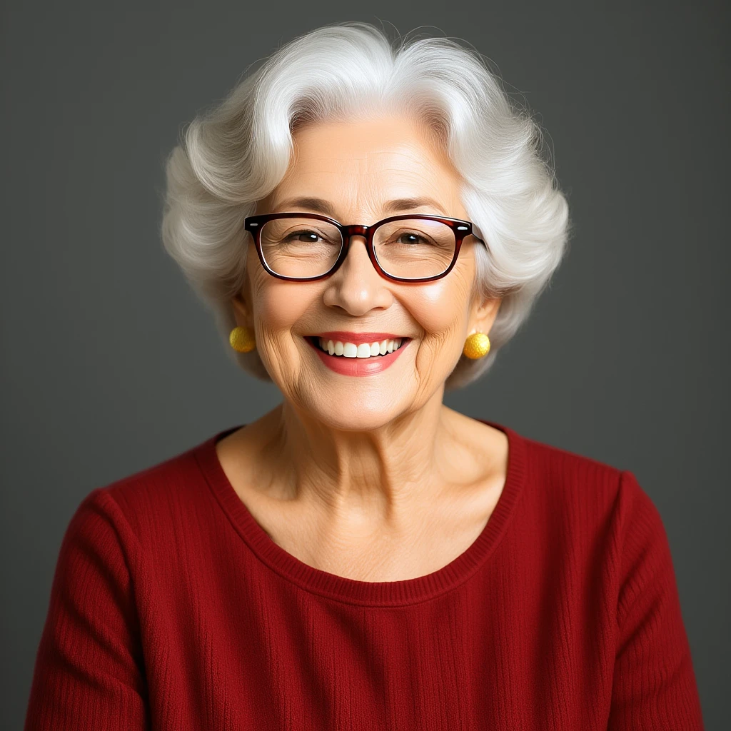 older woman with glasses, friendly expression, simple background emoji