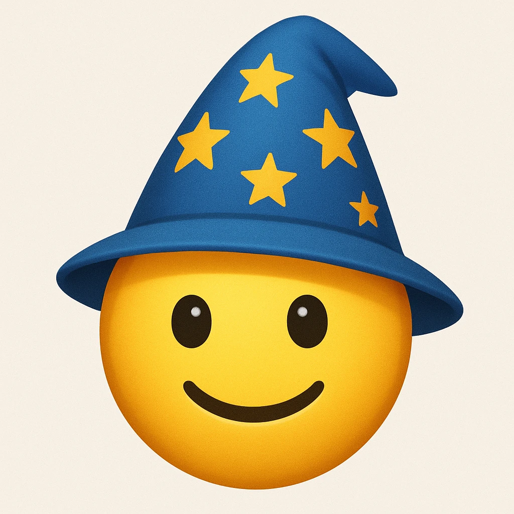 yellow face with blue wizard hat and stars emoji, digital illustration emoji