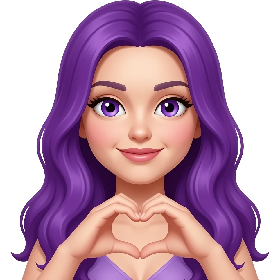 sexy girl with long purple hair and purple eyes makes a heart sign with her hands emoji
