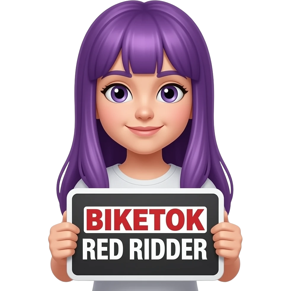 girl with long purple hair with a BIKETOK RED RIDER sign emoji