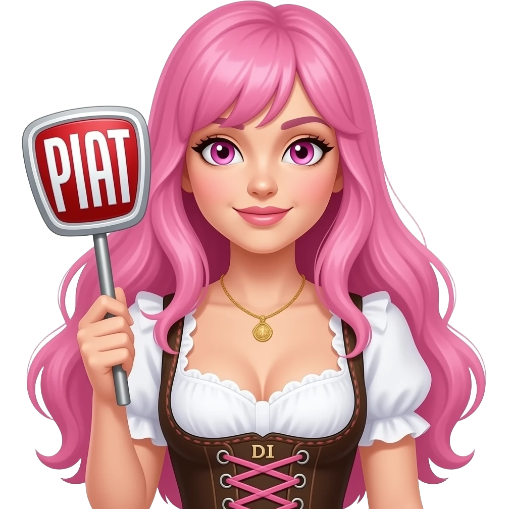 sexy girl with long pink hair and pink eyes wearing a dirndl holding a PFIAT DI sign emoji