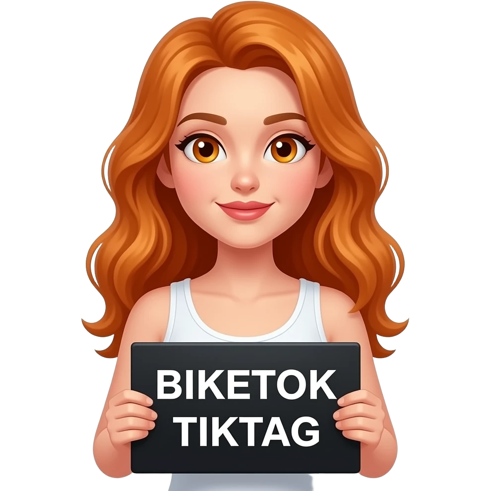 sexy girl with long wavy ginger hair and ginger eyes wearing a white tanktop is holding a black colored sign with BIKETOK TIKTAG written on it emoji