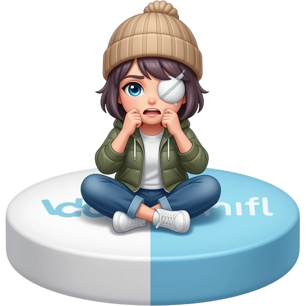 A Tomgirl with short hair and beanie is seated on a large round Adderall and shaking from cold. She has an injured eye and her gallbladder is out.  emoji