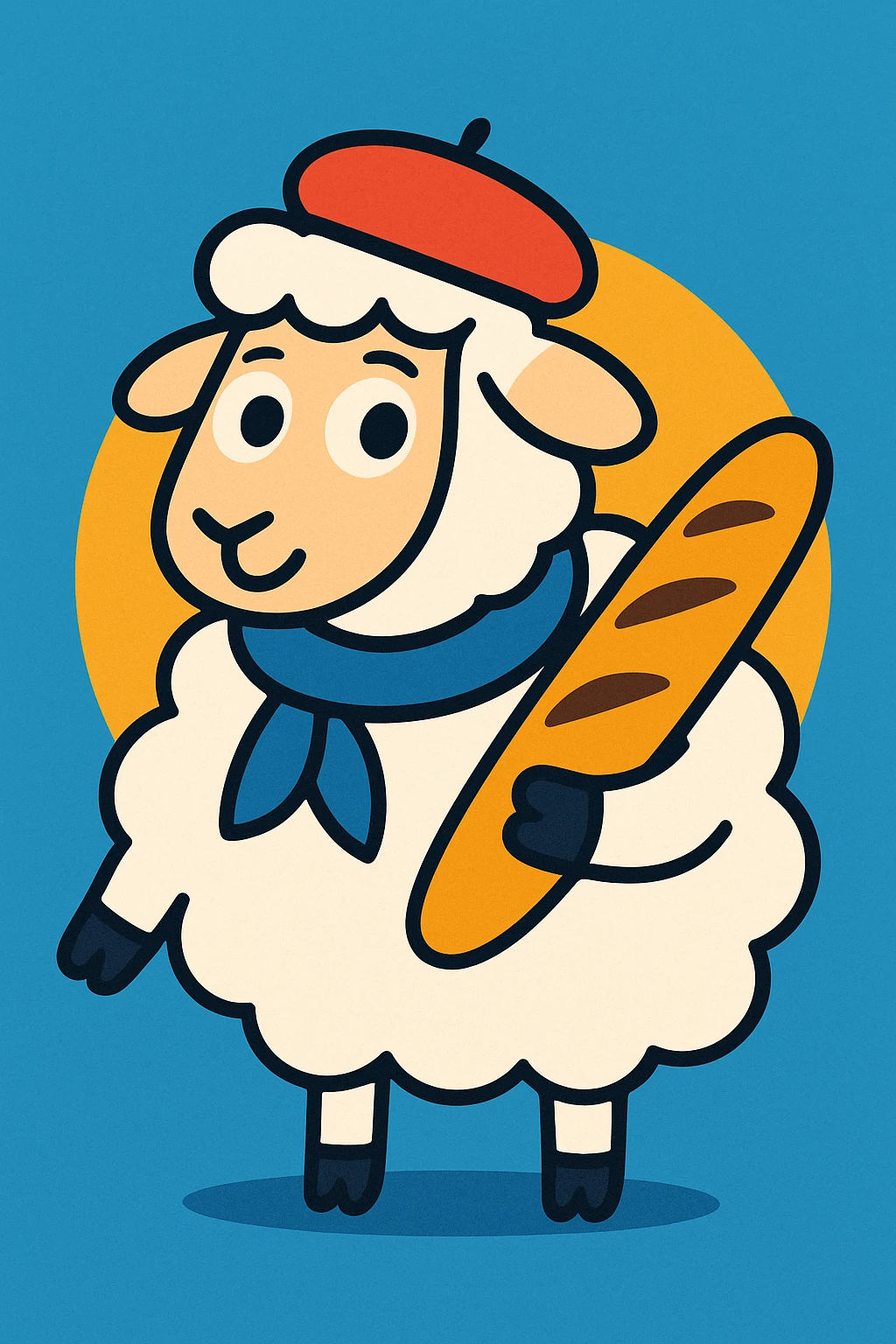 a sheep from France wearing a beret and holding a baguette, vibrant toon style emoji
