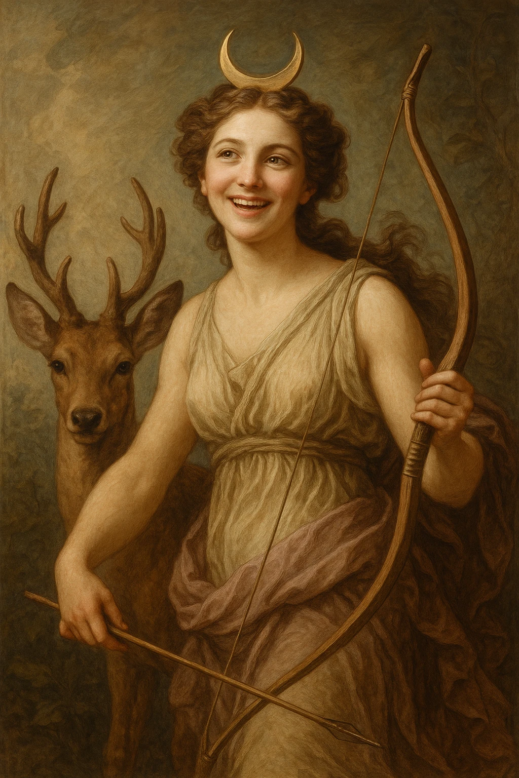 Happy Diana, the goddess of the hunt, with a deer companion, holding a bow, crescent moon crown, joyful expression, mythological style emoji