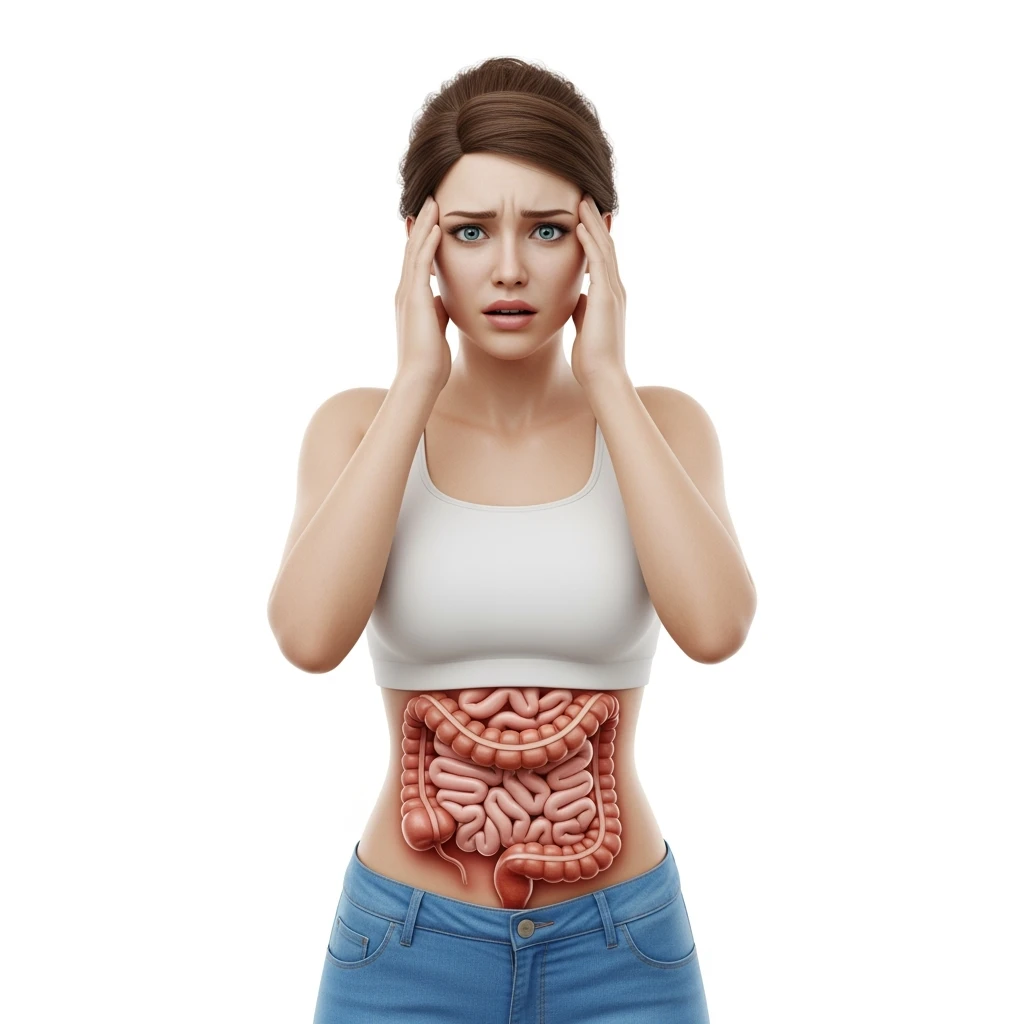 DONNA ANSIOSA CON INTESTINO UMANO ANATOMICO REALISTICO VISIBILE, SI TIENE LE MANI SULLE TEMPIE, iperrealistico 4k, SFONDO BIANCO emoji