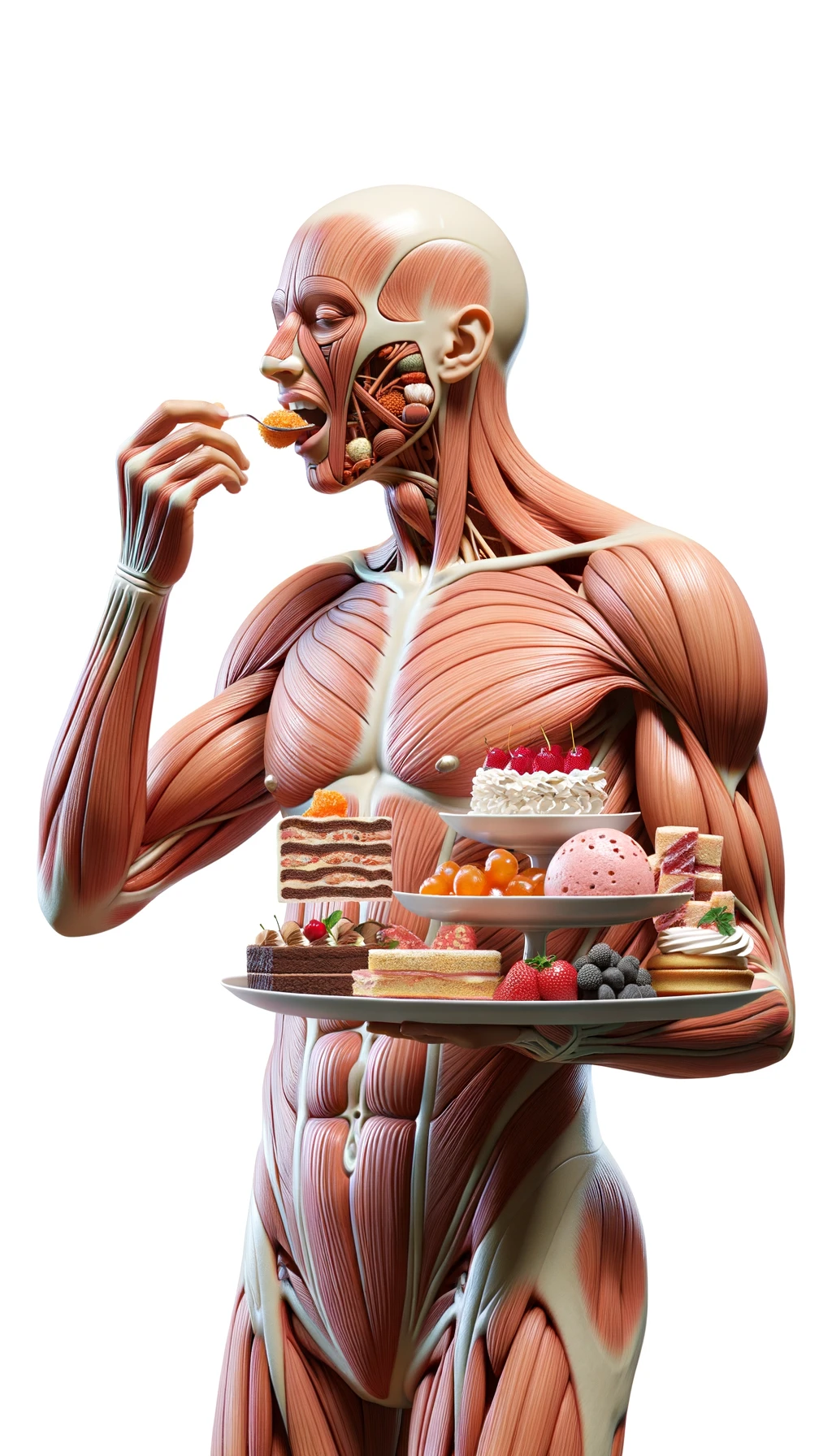 corpo umano anatomico in piedi a figura intera che si abbuffa di dolci e zuccheri, iperrealistico 4k, isolato su sfondo bianco emoji