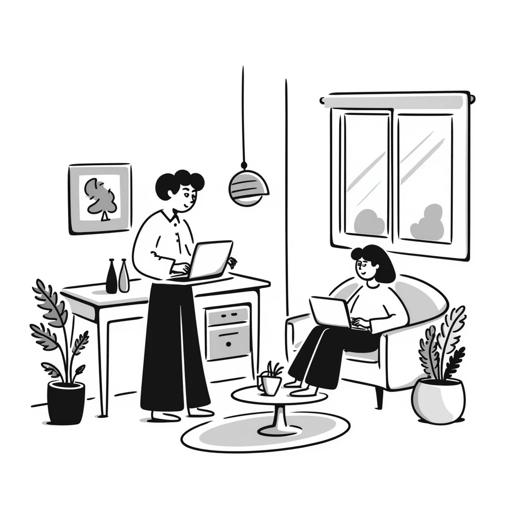 escenary 3d of a cozy mid-century living room with two people working on laptops, one man standing at a desk, and one woman sitting on a couch emoji
