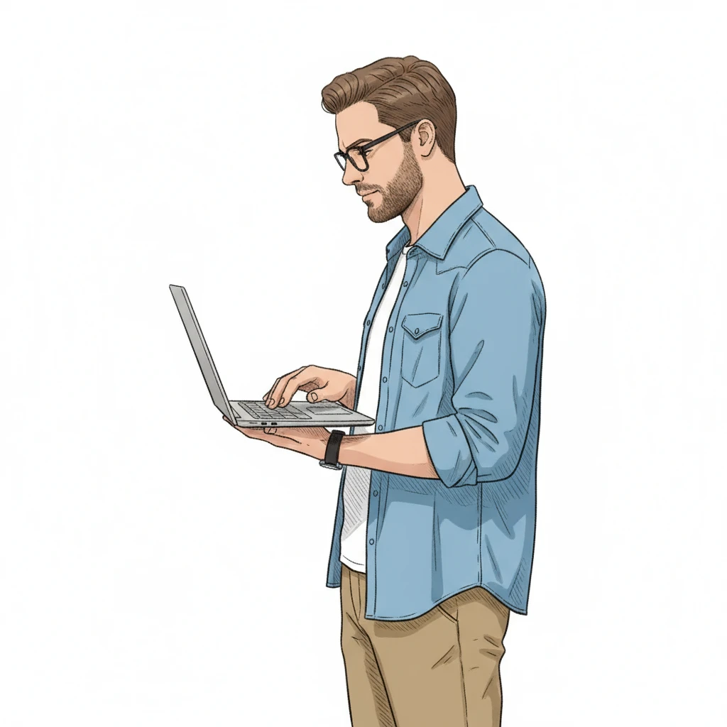 нарисуй похожего мужчину строго в профиль, который держит в руках ноутбук, как на картинке, но мужчина стоит в полный рост,  в стиле, как на картинке мужчина рабочий, без фона emoji