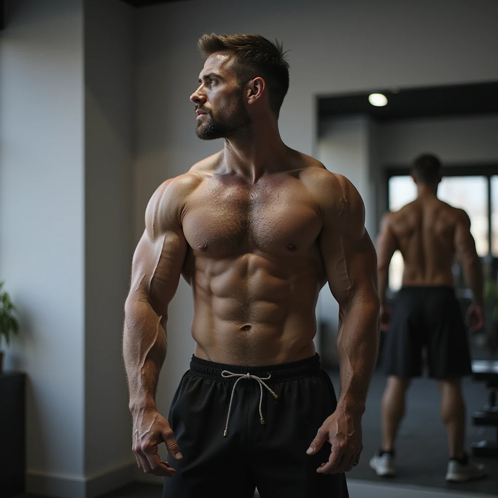 Uomo che si allena in palestra, esegue plank, abbigliamento sportivo, fisico atletico, atmosfera motivazionale, dettagli iperrealistici 4K, ambiente moderno da palestra. emoji