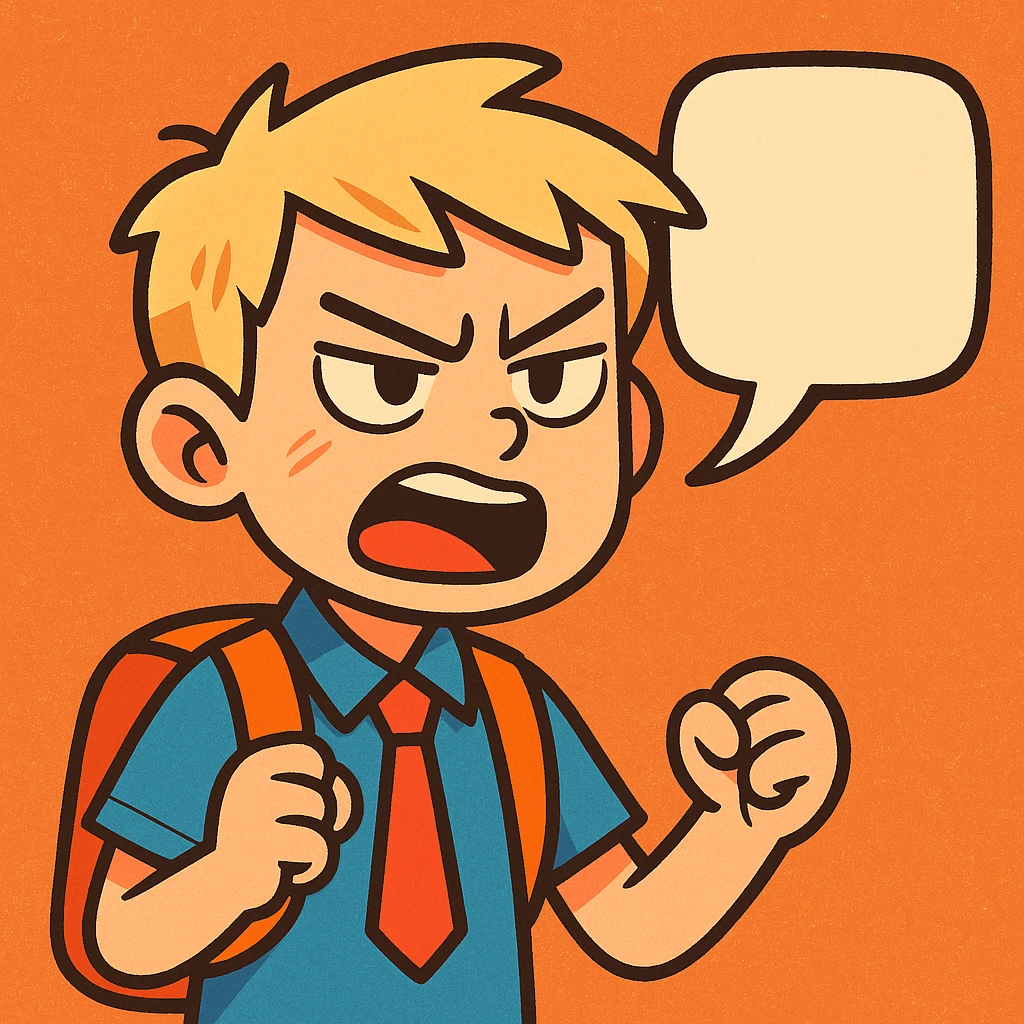 school student, light-haired boy, irritated and showing dislike, saying something, vibrant toon style emoji