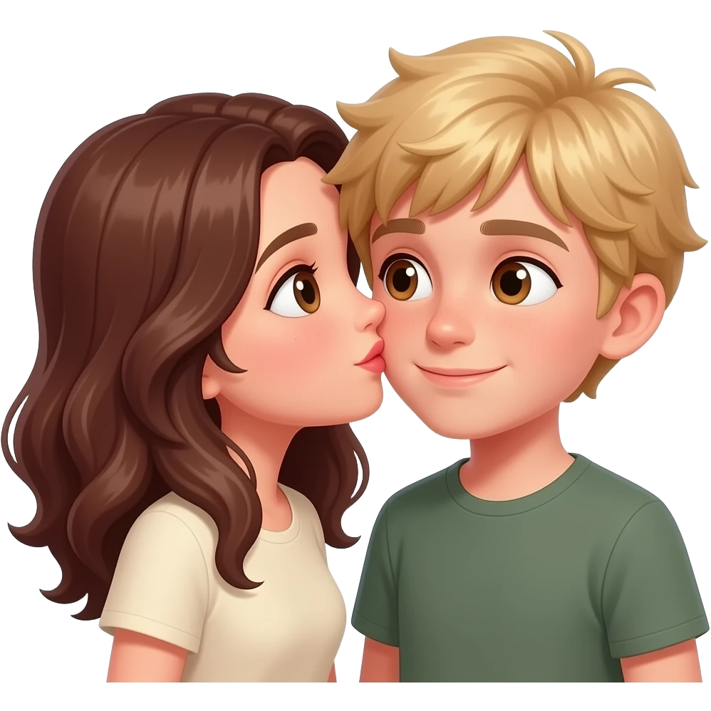 Chica con pelo marrón medio ondulado y ojos marrones besando a chico rubio con ojos marrones con cabello desordenado pero con el estilo diferente emoji