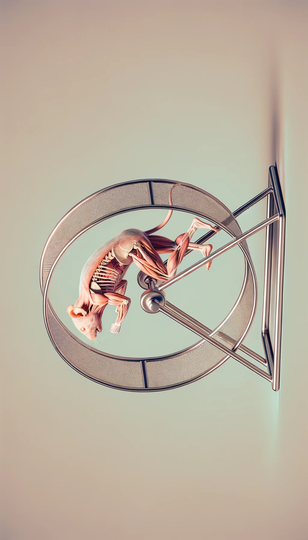 corpo umano anatomico che corre sulla ruota come se fosse un criceto stressato, sfondo chiaro, iperrealistica 4k emoji