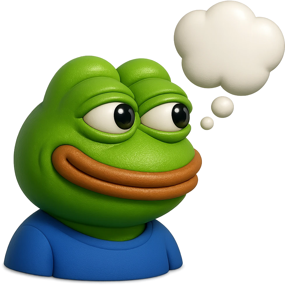 make a pepe in bright green smiling with thought bubble looking at right side in 3d style, good highlights and shadows, drop shadows emoji