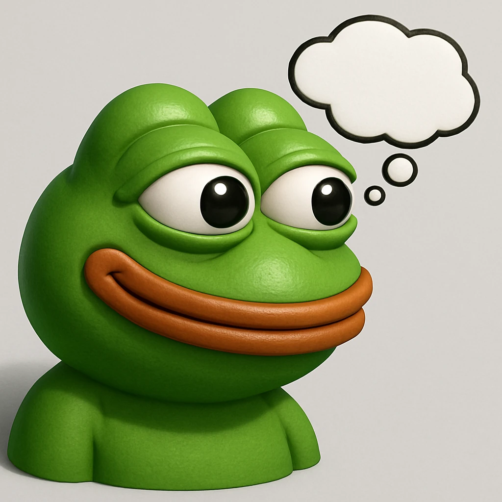 make a pepe in bright green smiling with thought bubble looking at right side in 3d style, good highlights and shadows, drop shadows emoji