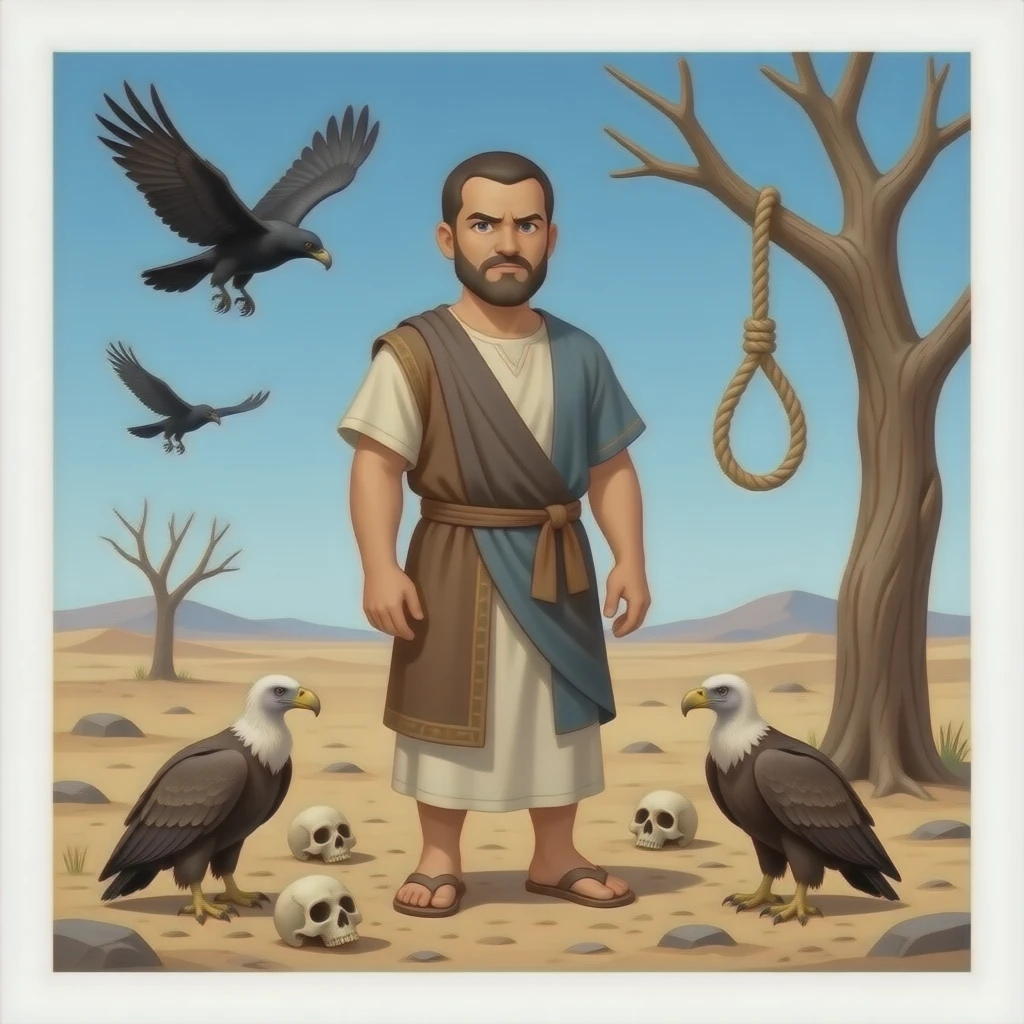 A full bodied short hair man with a devastating look on his face , wearing old clothing from biblical times , in a desolate barren land, with vultures on the ground, cros flying in the air and skull on the ground, standing in front of a dead tree, with a rope noose hanging from a tree limb emoji