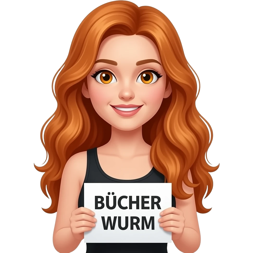 sexy girl with long wavy ginger hair and ginger eyes wearing a black tanktop is holding a white sign with BÜCHER WURM written on it emoji
