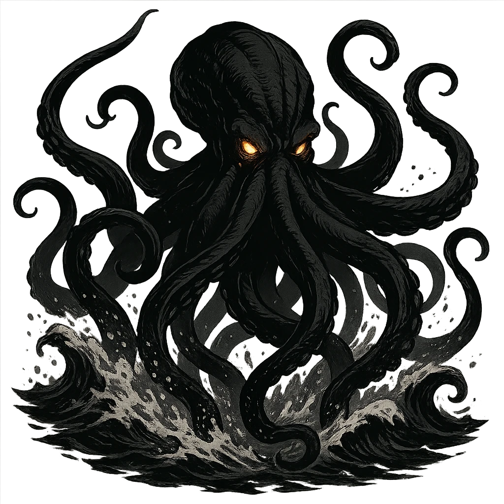 black fierce kraken, glowing eyes, dynamic pose, stylized as a dramatic sea monster, dynamic and detailed illustration emoji