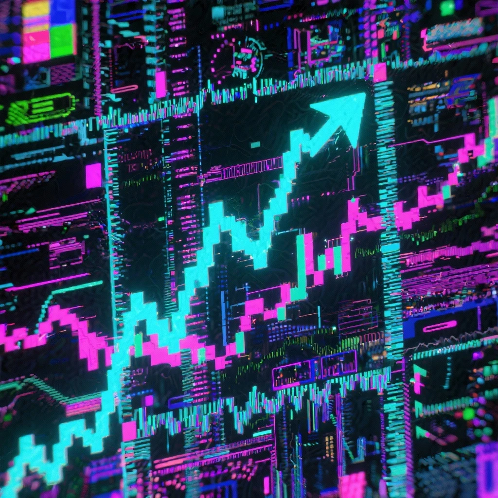 cyberwave glitch digital microscanner projection of these images but featuring no people, cyber hologram, abstract, experimental glitchy brutalist graphicwave,  style of anime - showing rising stocks emoji