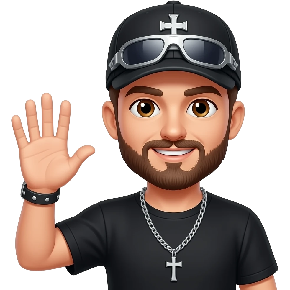 Brown eyes, rock-style cap with metallic clips on the cap visor , rock cross on the cap , black teeshirt, saying hi, no ratio, no chain, short hair , brown beard, no withstand emoji